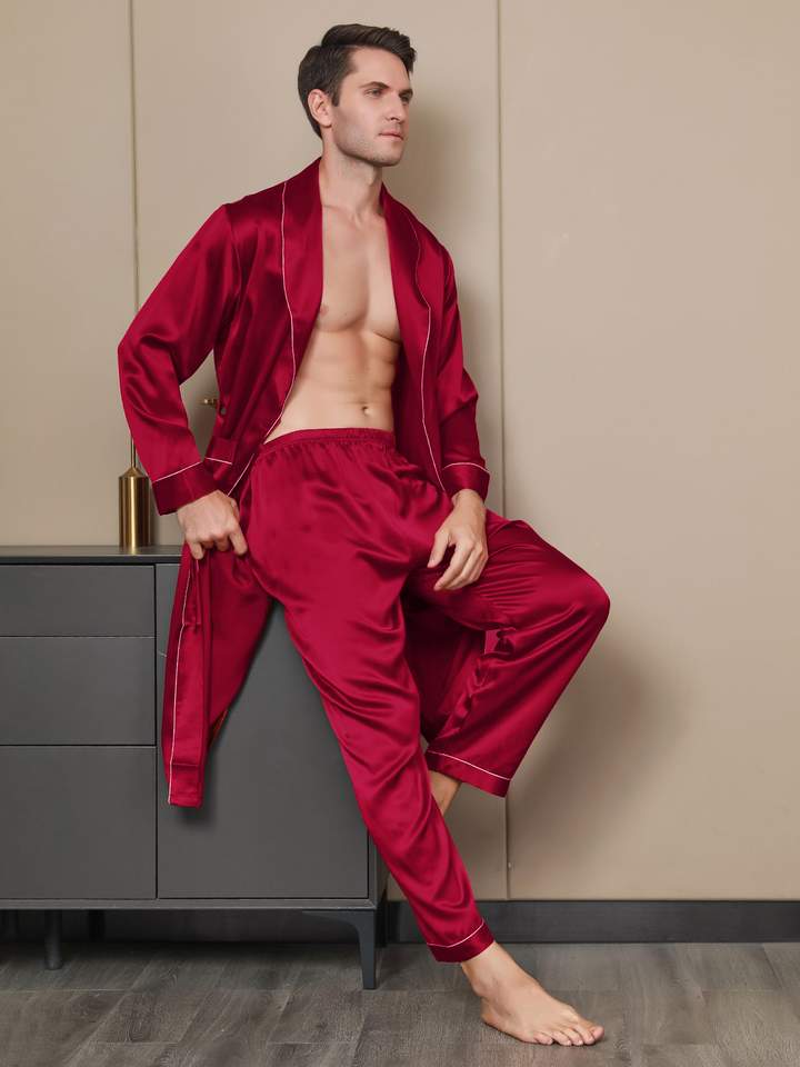 Red Men's Pure Silk Lapel Collar Belted Robe (Without Pants)