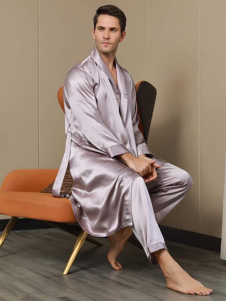 Men's Pure Silk Lapel Collar Belted Robe (Without Pants)