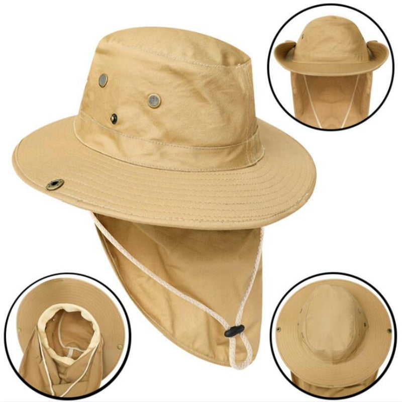 Outdoor Camping Hiking Large Brim Bucket Hat with String UV Protection
