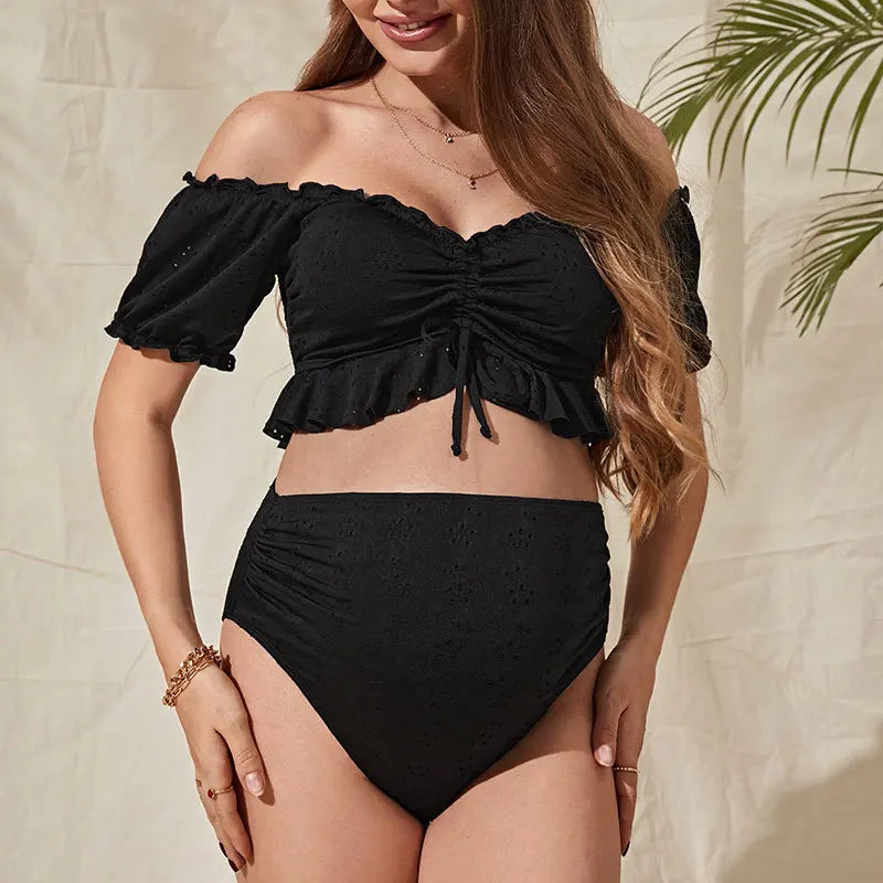 Maternity Bikini Set Tie Front Off Shoulder Two Piece Swimsuit Pregnant Women Bathers Black Bathing Suit Summer Beach Swimwear