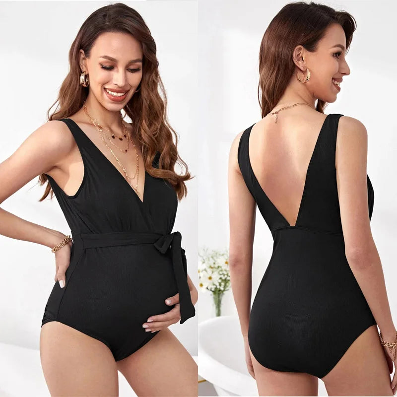 Maternity Swimsuit One Piece V Neck Pregnancy Swimwear Elegant Tie Front Bowknot Bathing Suit Summer