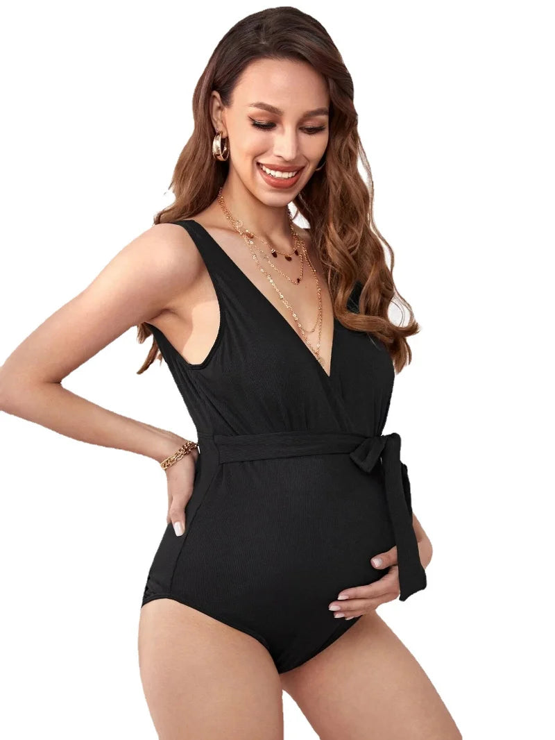 Maternity Swimsuit One Piece V Neck Pregnancy Swimwear Elegant Tie Front Bowknot Bathing Suit Summer