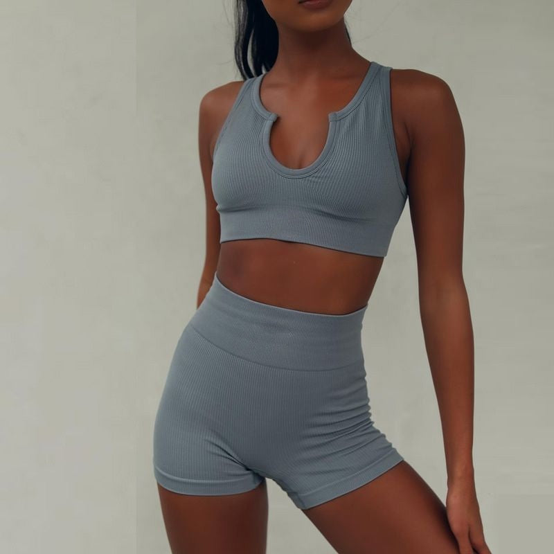 Women Sexy Seamless Stripe Gym Workout Clothes Sports Bra with Shorts Yoga Suit Tracksuit Fitness Outfits Two Piece Set