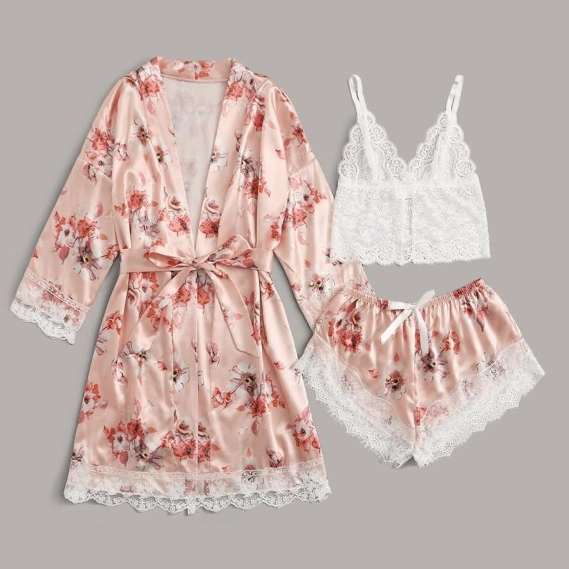 Women Pale Pink Flower Print Pajamas Exotic Lingerie 3 Piece Set A304
