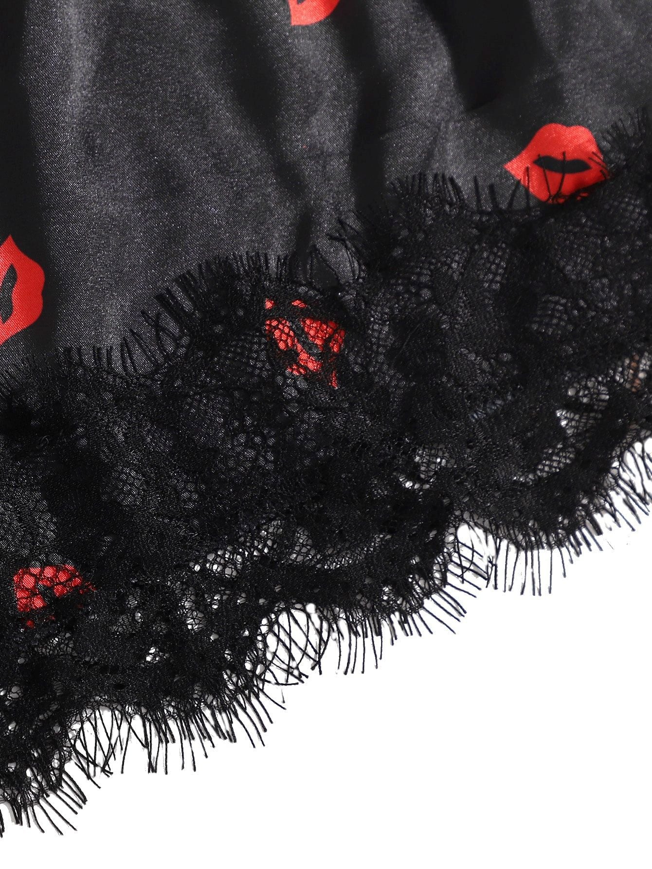Lip Printed Black Lace Bathrobe Four-Piece Lingerie Set