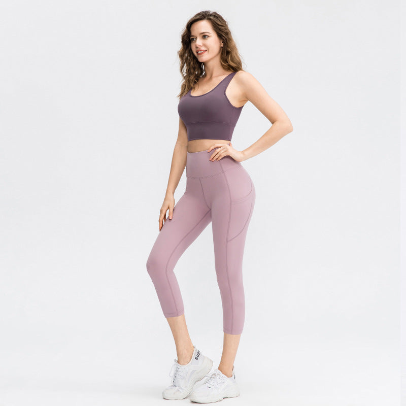 Women Solid Color Hip Lifting Fitness Running Yoga Cropped Pants With Pockets 02338