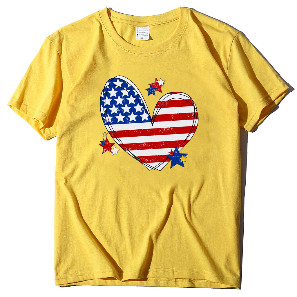 Women 4th of July Love Flag Print Round Neck Short Sleeve T-Shirt L8313-A33