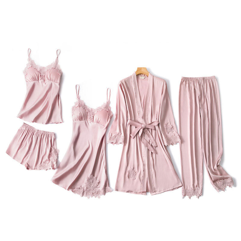 Women Pink Silk Satin Cami Top Robe Sleepwear Nightdress with Chest Pads 5-Piece Sets