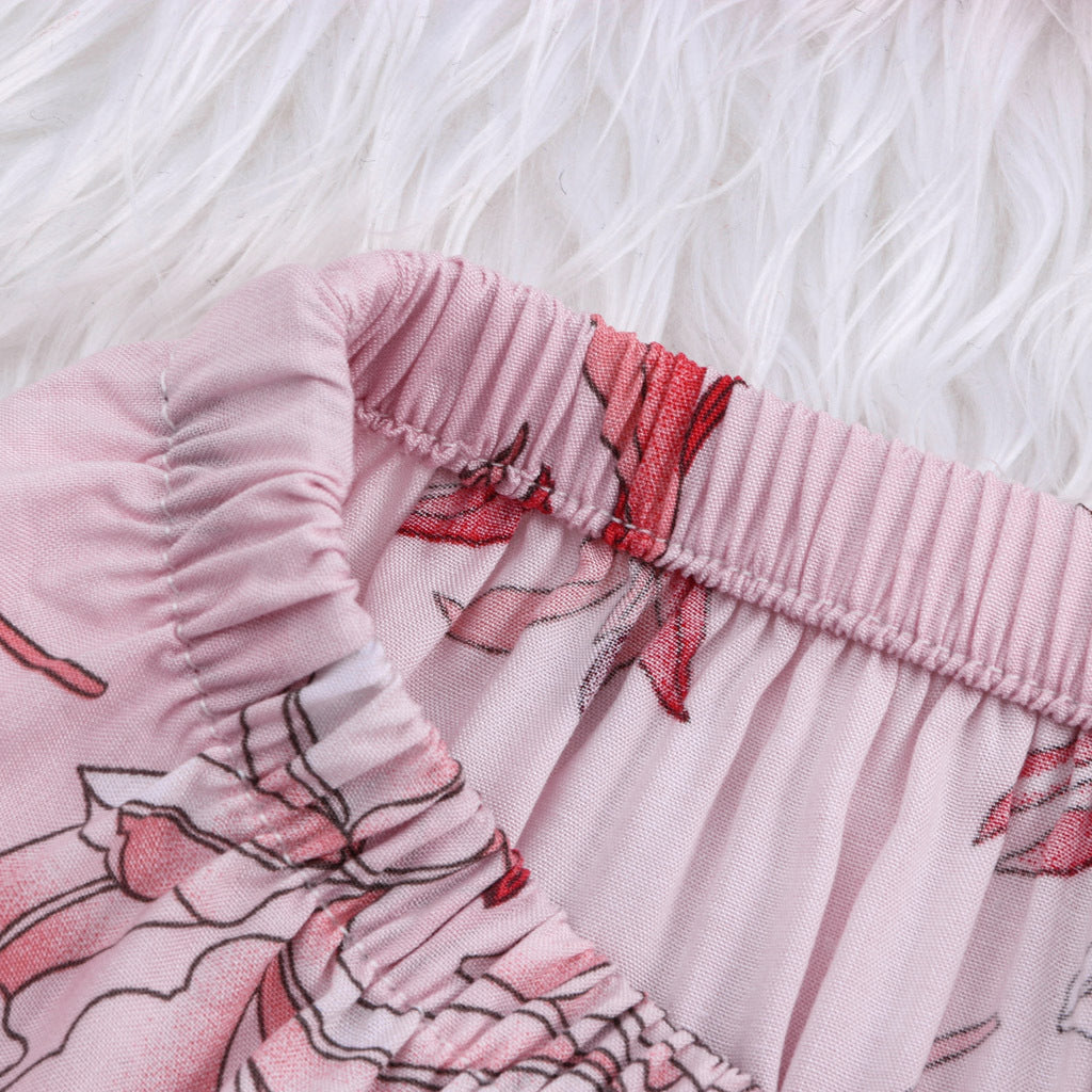 Women Pink Floral Printed Cotton Pajamas Exotic Lingerie 3-Piece Set A313