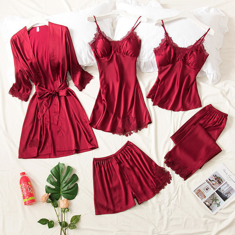 Women Red Silk Satin Cami Top Robe Sleepwear Nightdress with Chest Pads 5-Piece Sets