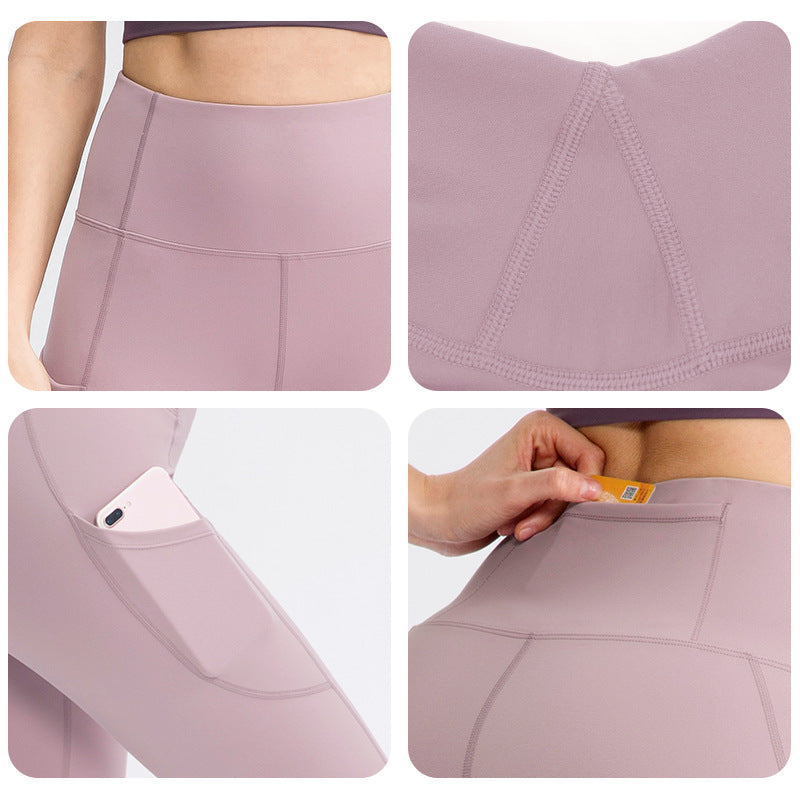Women Solid Color Hip Lifting Fitness Running Yoga Cropped Pants With Pockets 02338