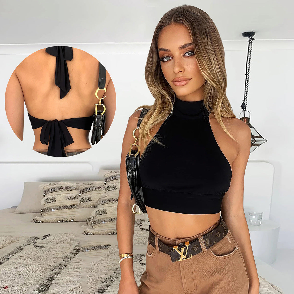 Women Sleeveless Backless T-Shirt Crop Top with Halter Straps ZY1835
