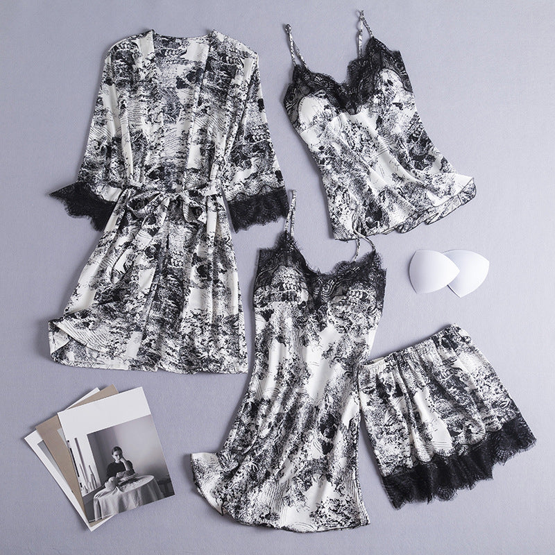 Women Black Ink Print Silk Pajamas with Chest Pads Trousers Nightgown 5-Piece Set