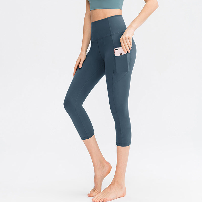 Women Solid Color Hip Lifting Fitness Running Yoga Cropped Pants 3/4 Leggings With Pockets 02338