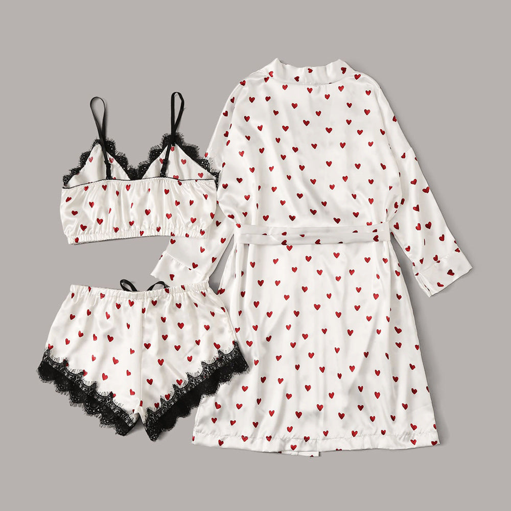 Ladies Love Print Satin Nightgown Pajamas Exotic Lingerie Three-Piece Set ZT257