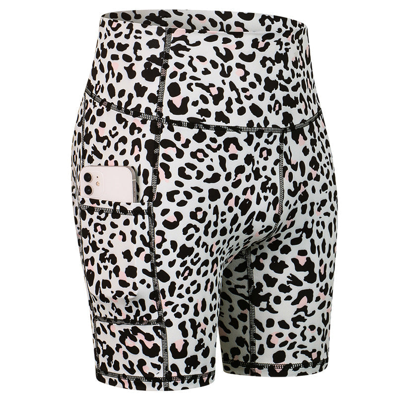 Ladies Camouflage Leopard Print Tight Yoga Shorts with Pockets 02413