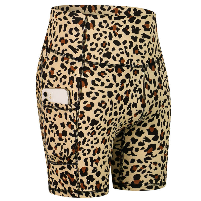 Ladies Camouflage Leopard Print Tight Yoga Shorts with Pockets 02413