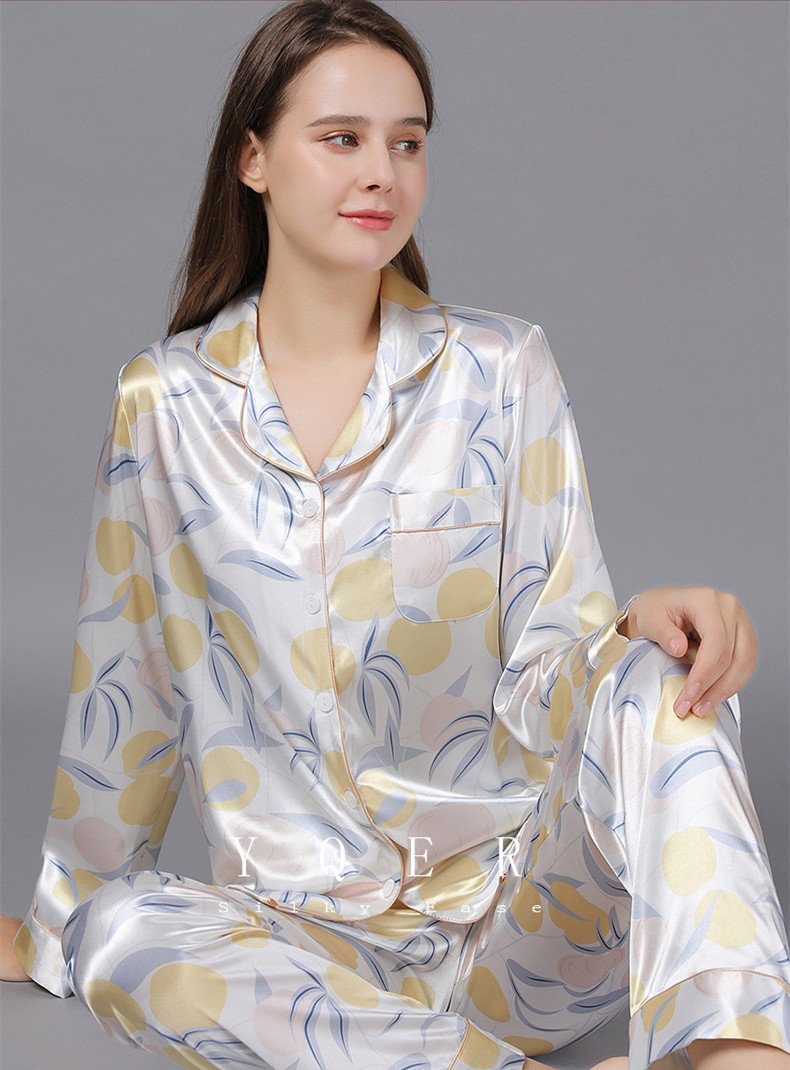 Floral Print Lapel Collar Satin Pajamas