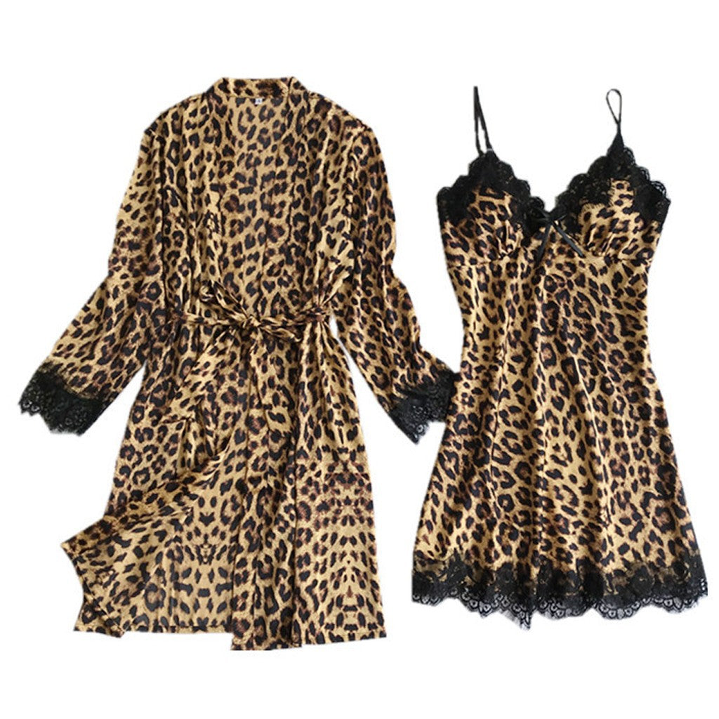 Women Leopard Print Lace Pajamas Three-Piece Loungewear Set 145
