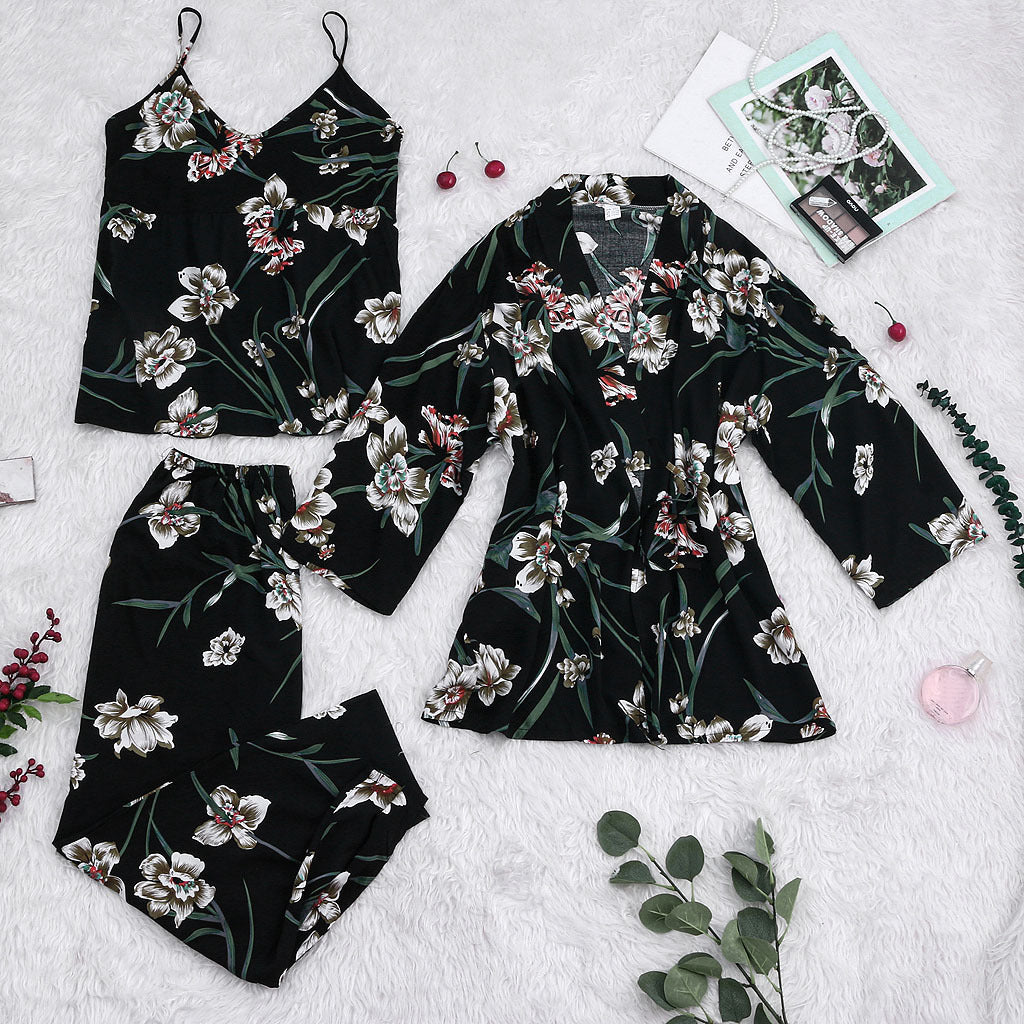 Women Black Floral Printed Cotton Pajamas Exotic Lingerie 3-Piece Set A313