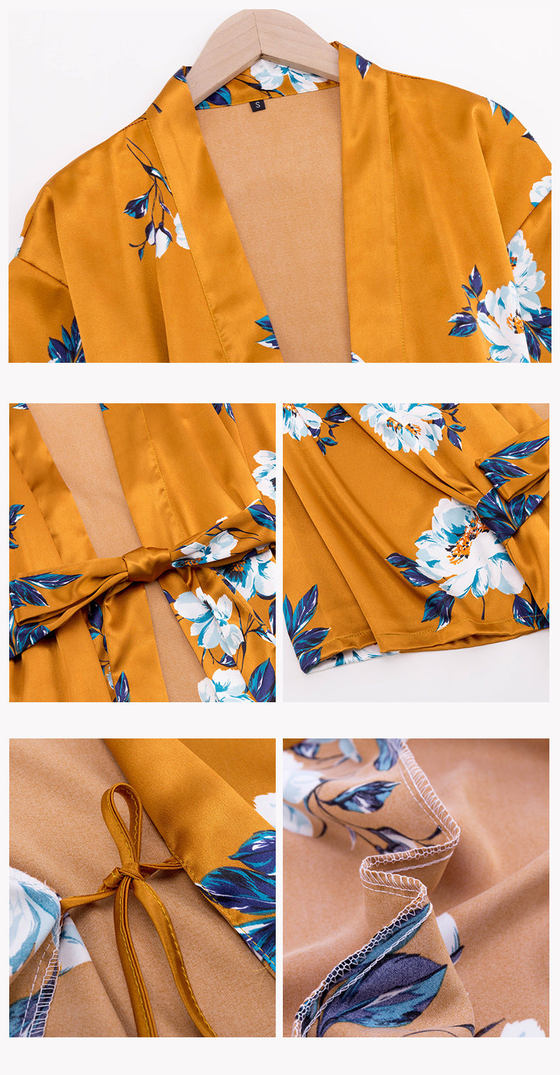 Women Dark Yellow Floral Print Silk Pajamas Suspender Dress Nightgown 2-Piece Set 2119