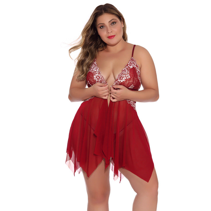 Women Plus Size Sexy V-Neck Lace Sling Dress Exotic Lingerie Set 3269