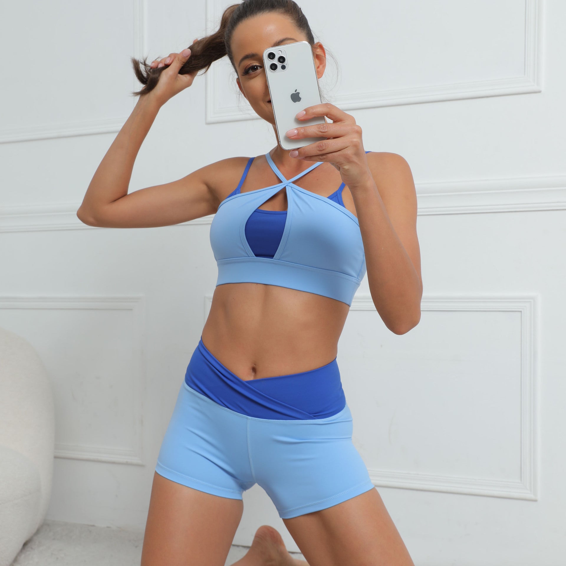 Women Contrast Color Stitching Sports Bra Long Sleeve Fitness Yoga Top BT0147