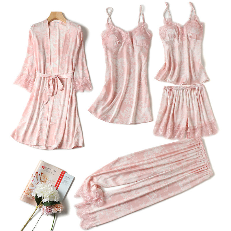Women Pink Silk Pajamas with Chest Pads Sling Dress Trousers Nightgown 5-Piece Set