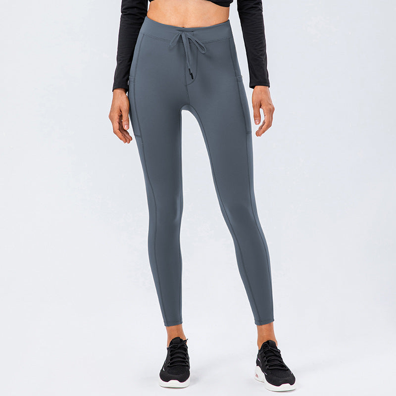 Women Hip Lift Skinny Reversible Brushed Yoga Pants with Drawstring and Pocket 12367