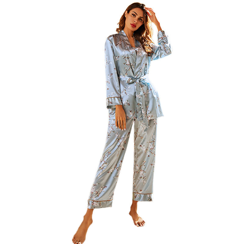 Women Sexy Light Blue Pajamas 4-Piece Set Cami Long-Sleeved Nightgown Loungewear 2120