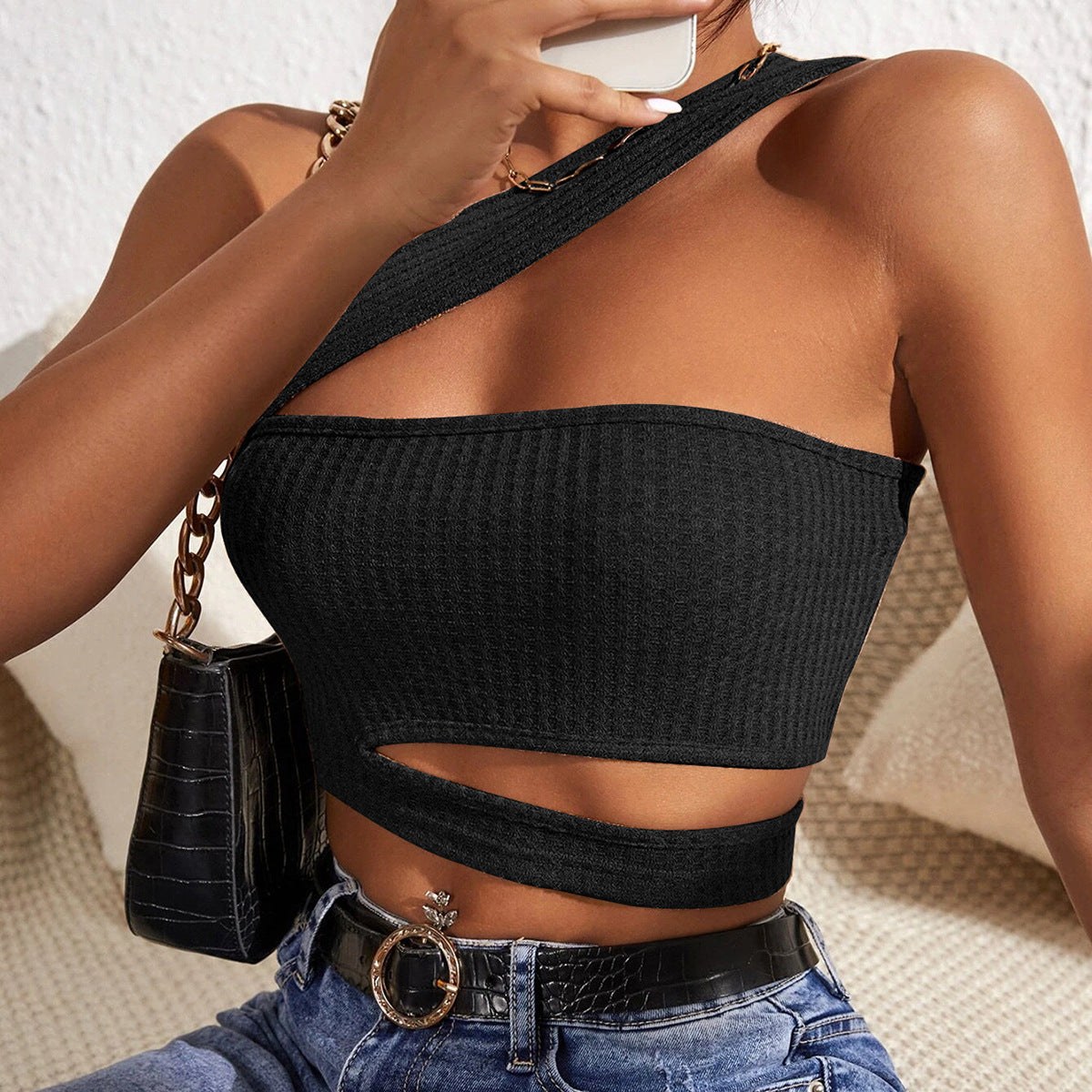 Women Sexy Cutout Slanted Shoulder Knitted Crop Top CVCB2650