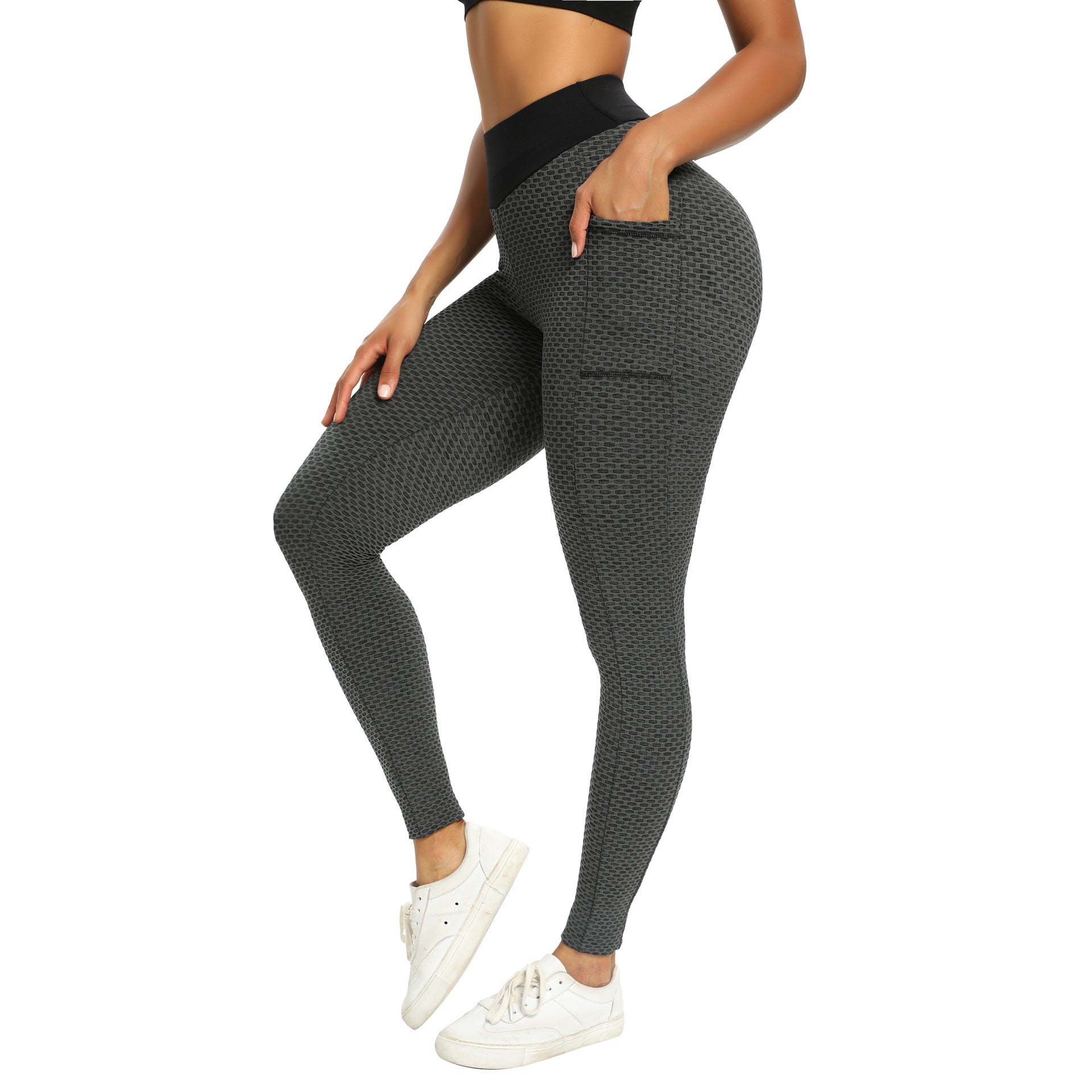 Women's Honeycomb Bubble Ninth Pants with Pockets Sports Fitness Running Yoga Clothes 9776