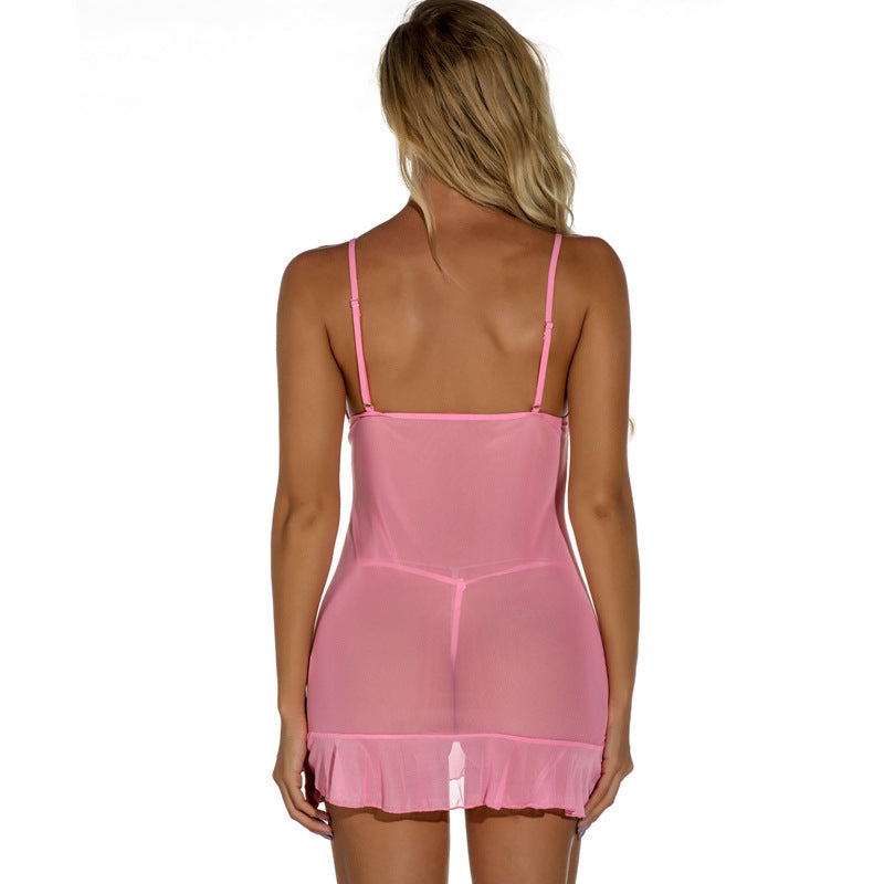 Pink Low-Cut V-Neck Lace Stitching Nightclub Suspender Lingerie Set 4022
