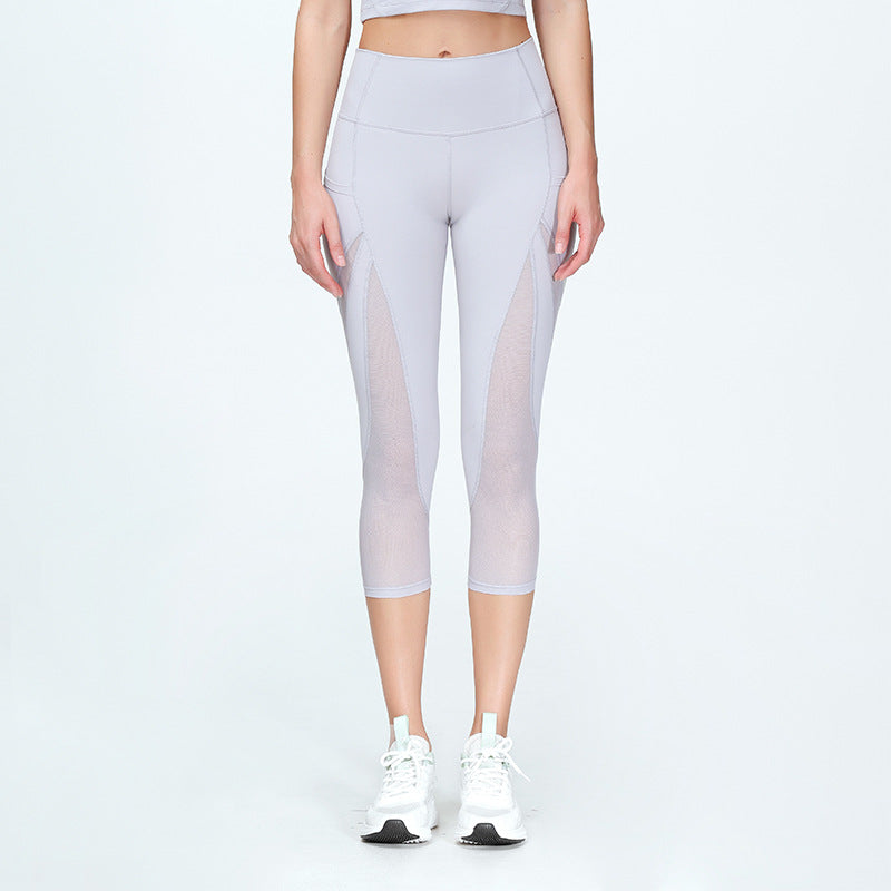 Women White Black Navy Mesh Splicing Tight Yoga Cropped Pants with Pockets KZ608