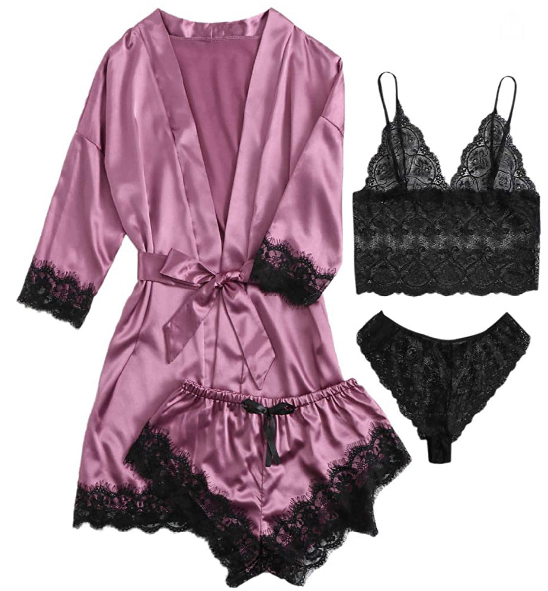 Women Purple Black Satin Sling Pajamas Lace Exotic Lingerie 4-Piece Set