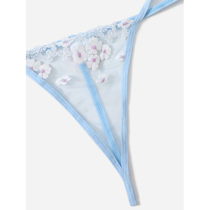 Blue Floral Print See-Through Lace Lingerie Set 21064