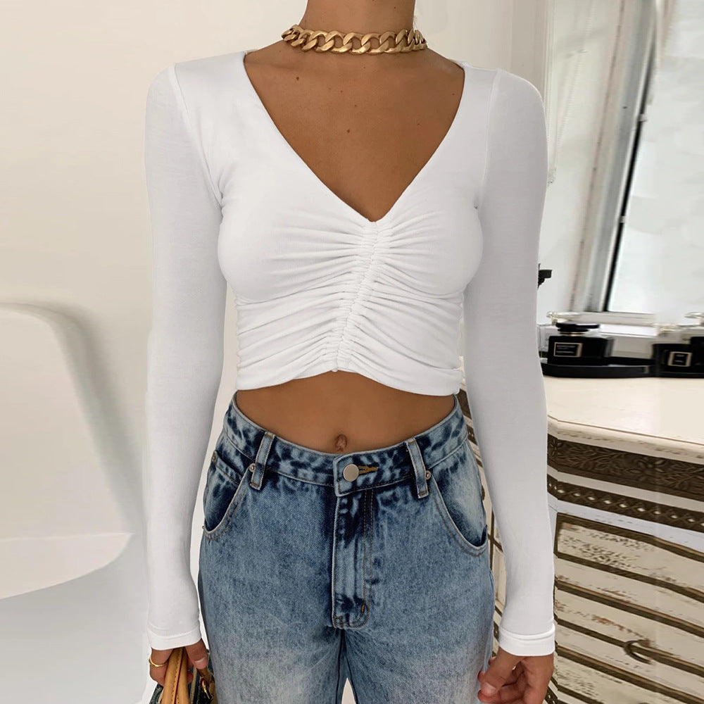 Women V-Neck Long Sleeve Crop Top with Drawstring ZY21806