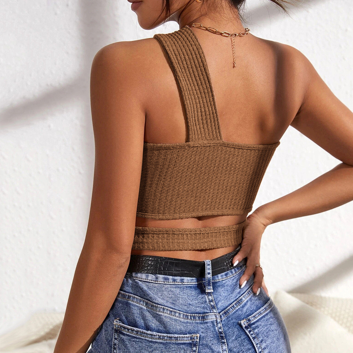 Women Sexy Cutout Slanted Shoulder Knitted Crop Top CVCB2650