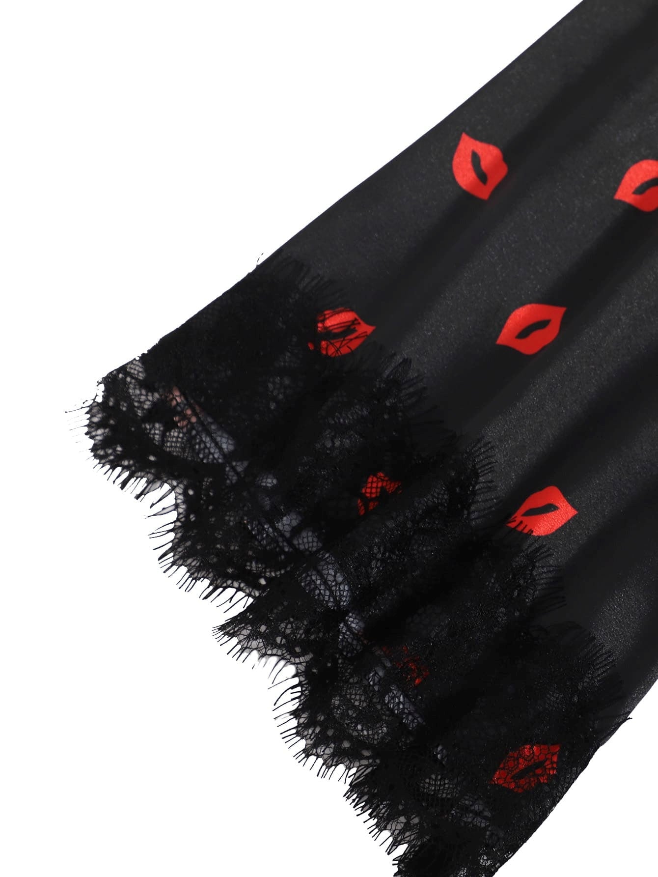 Lip Printed Black Lace Bathrobe Four-Piece Lingerie Set