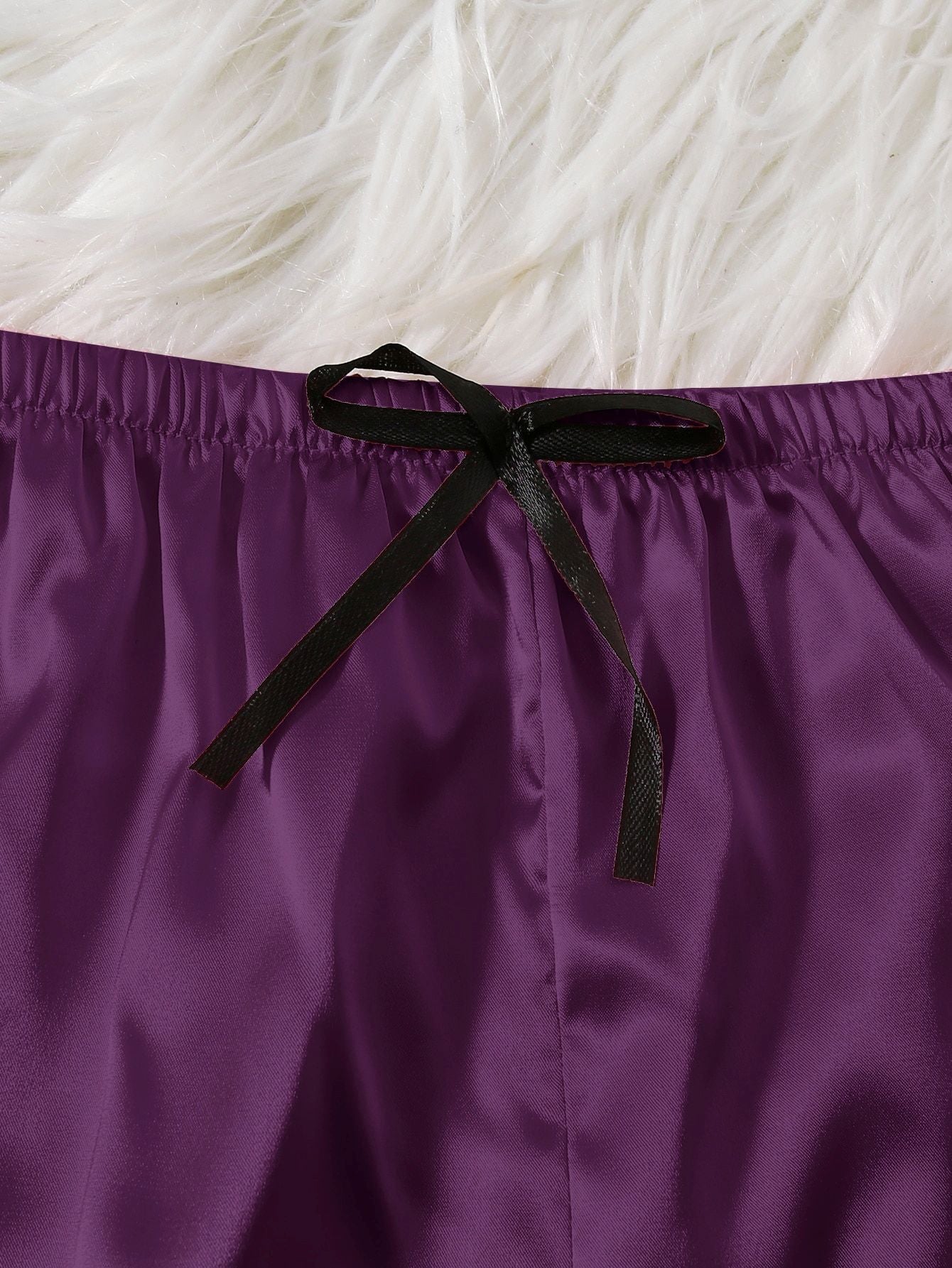 Women Dark Purple Satin Pajamas Lace Exotic Lingerie 4-Piece Set