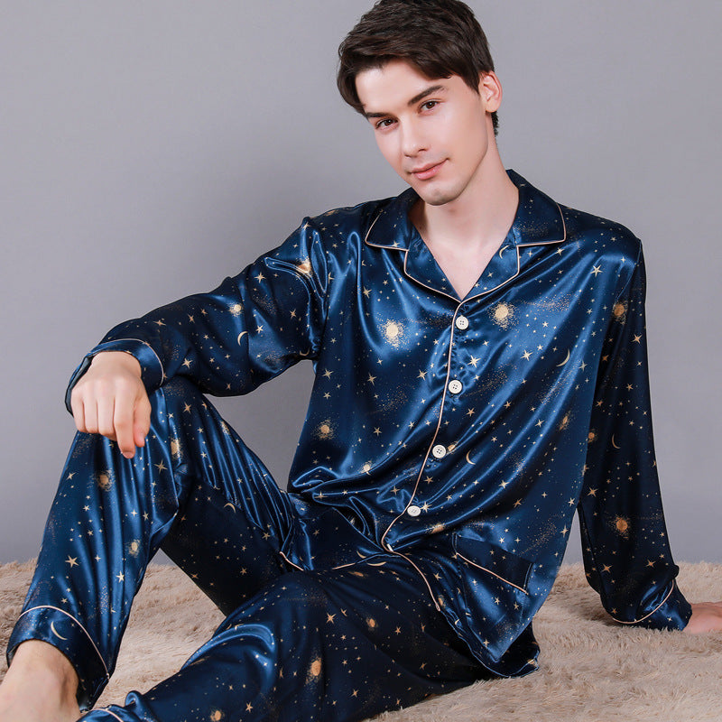 Star Print Silky Satin Couple Pajamas Set
