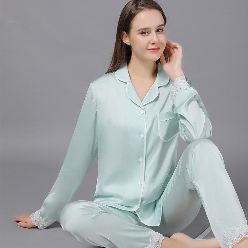 Lace Trim Satin Women Pajama Set