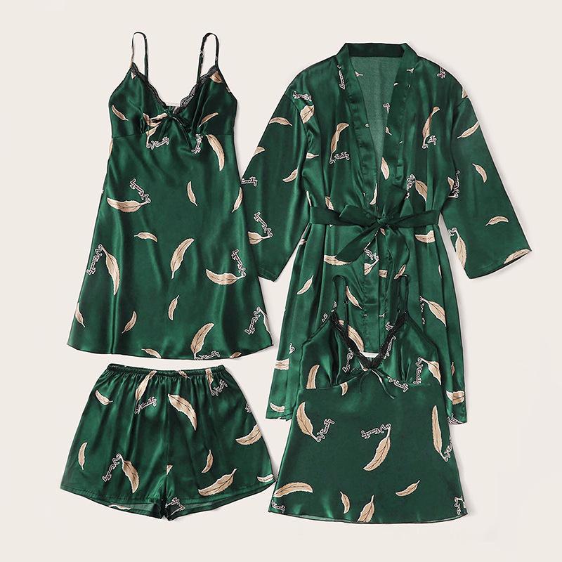4pcs Floral Print Belted Satin Robe & Cami Top & Night Dress & Shorts