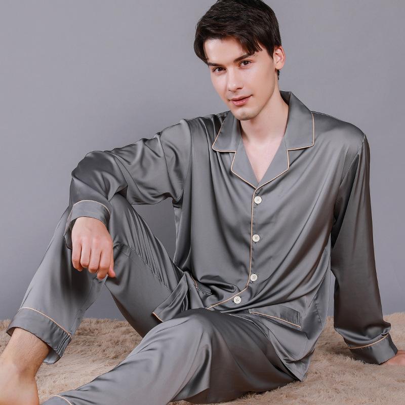 Solid Binding Trim Classic Mens Satin Pajamas Set