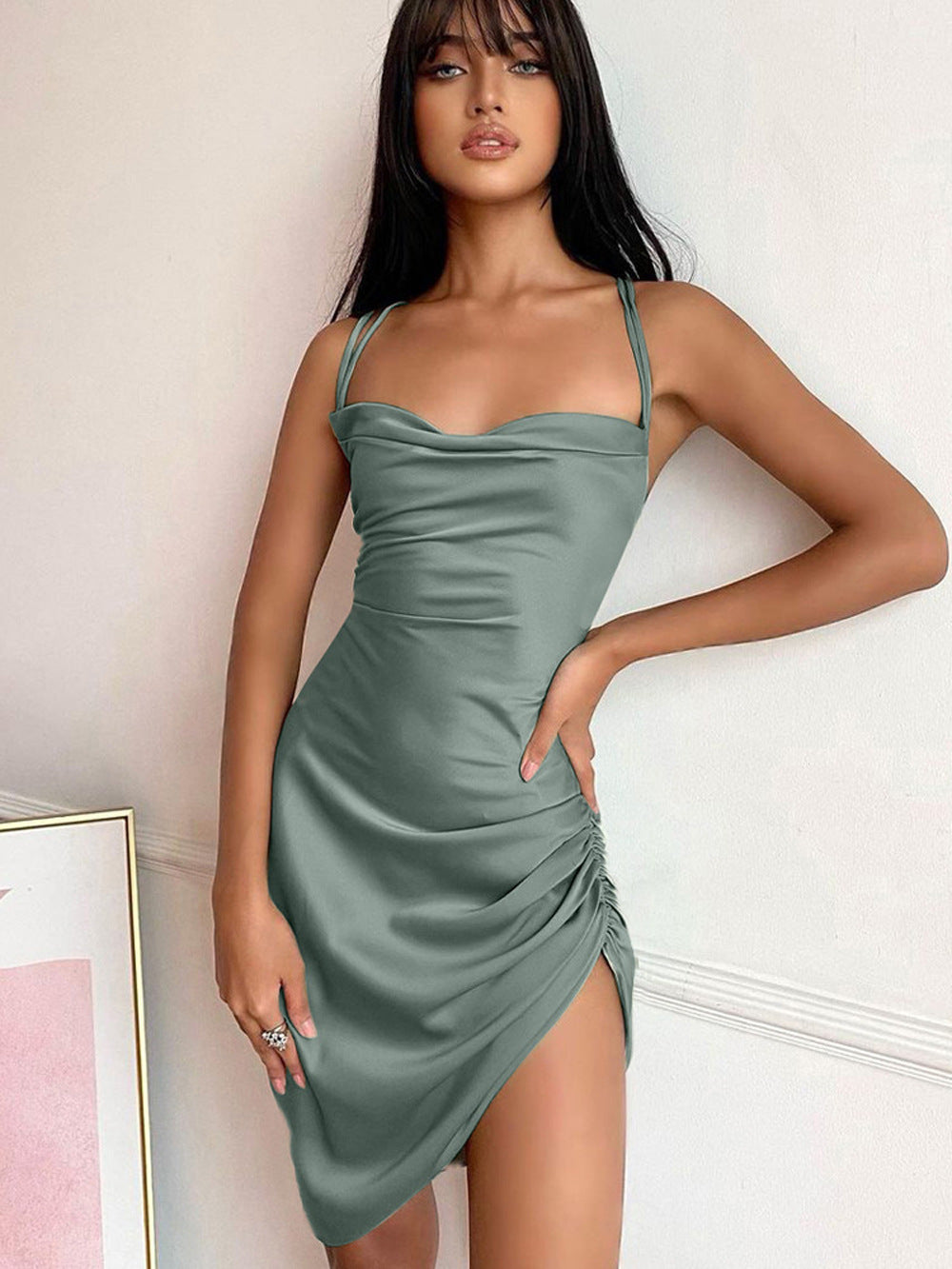 Satin Draped Front Ruched Side Backless Cami Dress