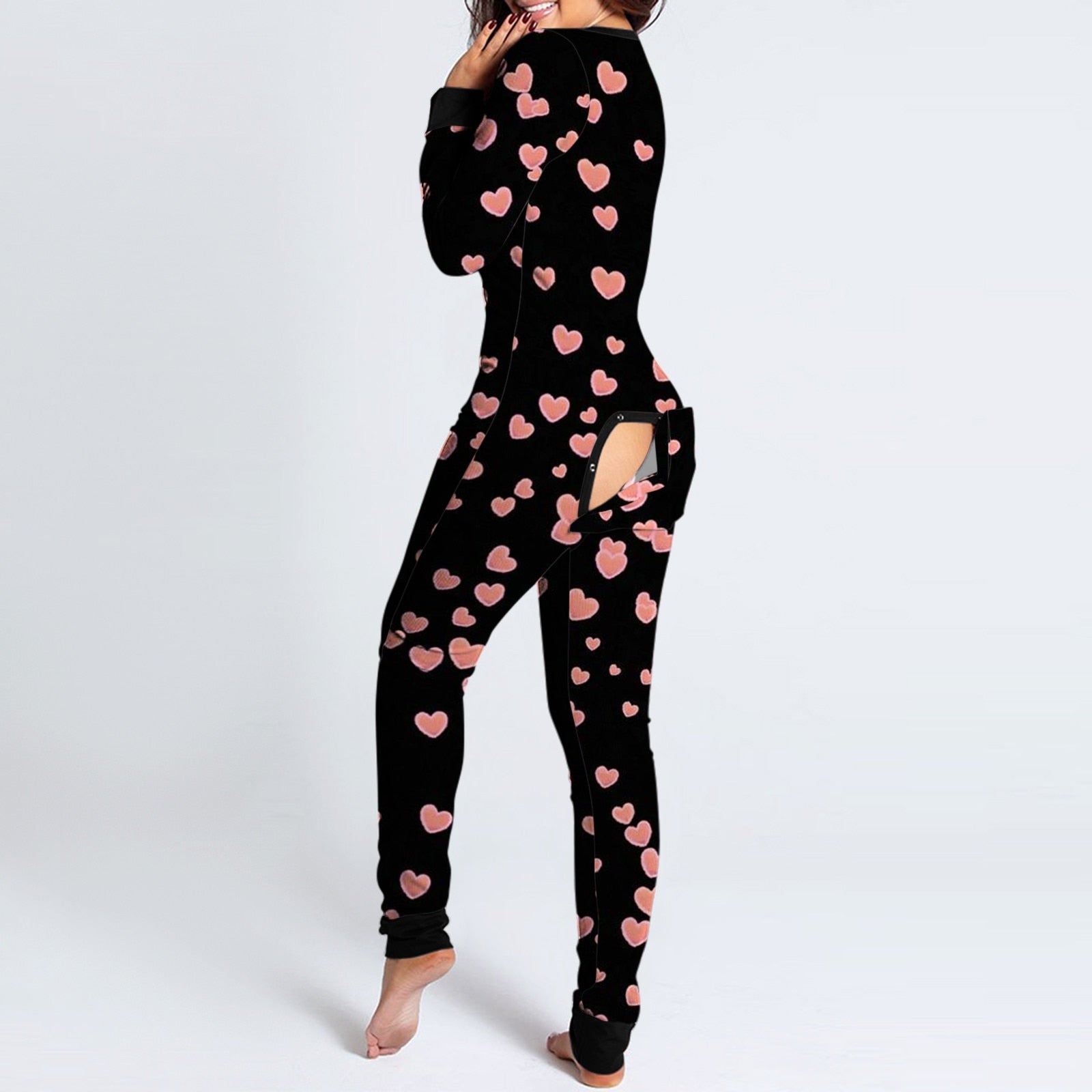 Sexy Pyjama Women's Jumpsuit Suit Onesies Button-down Back Butt Bum Open Ass Flap Jumpsuit Heart Print Loungewear Bodysuit