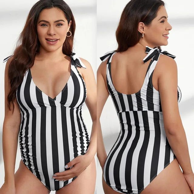Sexy V Stripe One Piece Swimsuit Pregnancy Swimwear Solid Swimwear Pregnant Beachwear Woman Bodysuit 2023 Maternity Swimwear