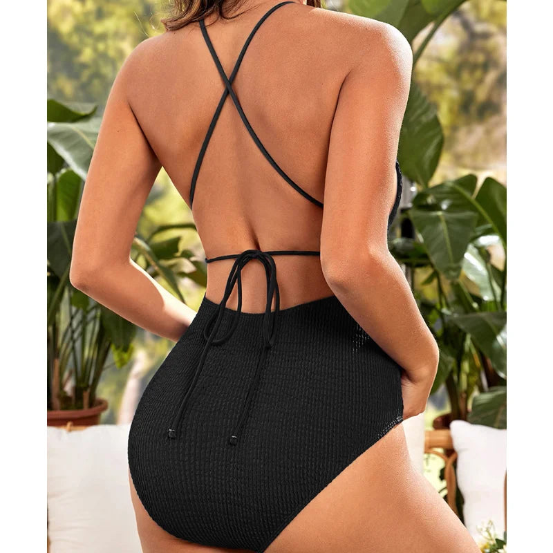 Solid Black Lace Up Back One-Piece Swimsuit for Women Sexy Cut Out Monokini Swimwear 2023 Girls Beach Bathing Suits
