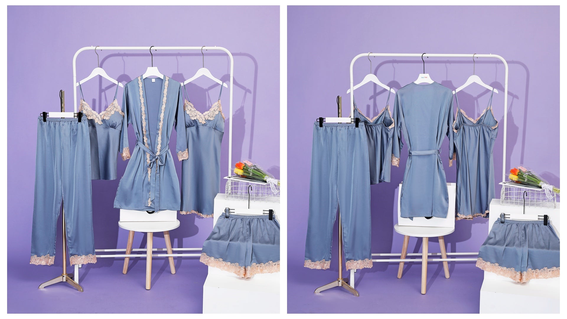 Women Blue Silk Satin Cami Top Robe Sleepwear Nightdress with Chest Pads 5-Piece Sets