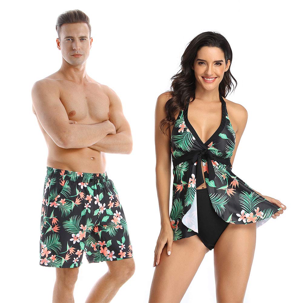 Couple Matching Swimsuits Flower and Green Leaves Bathing Suits